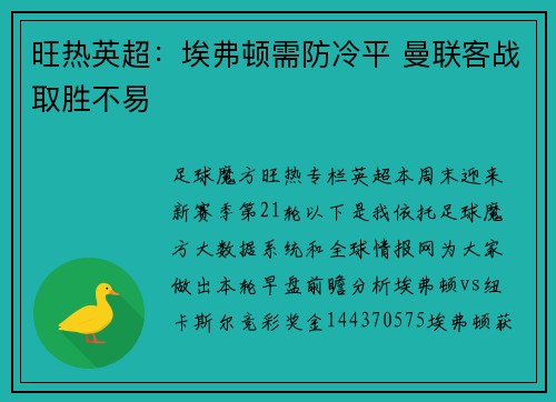 旺热英超：埃弗顿需防冷平 曼联客战取胜不易