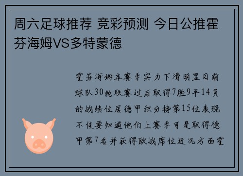 周六足球推荐 竞彩预测 今日公推霍芬海姆VS多特蒙德