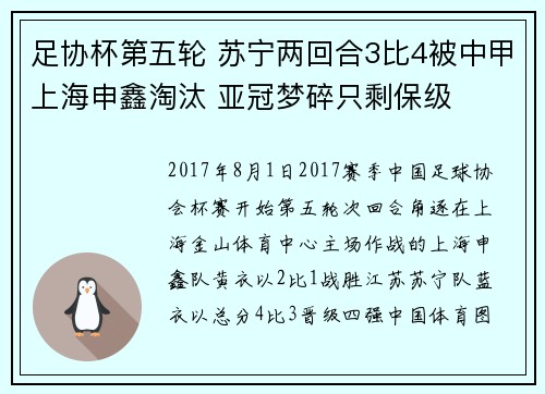 足协杯第五轮 苏宁两回合3比4被中甲上海申鑫淘汰 亚冠梦碎只剩保级